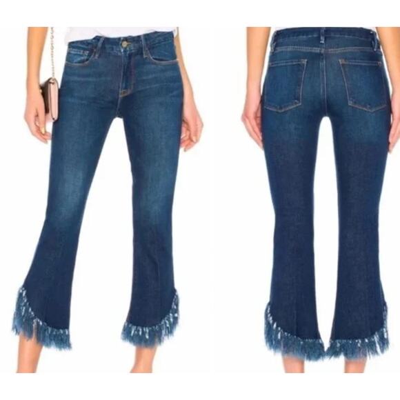Frame Le Crop Mini Boot Jean US 26 Fringe Shredded Hem Blue Dark Wash Boho - Picture 14 of 14
